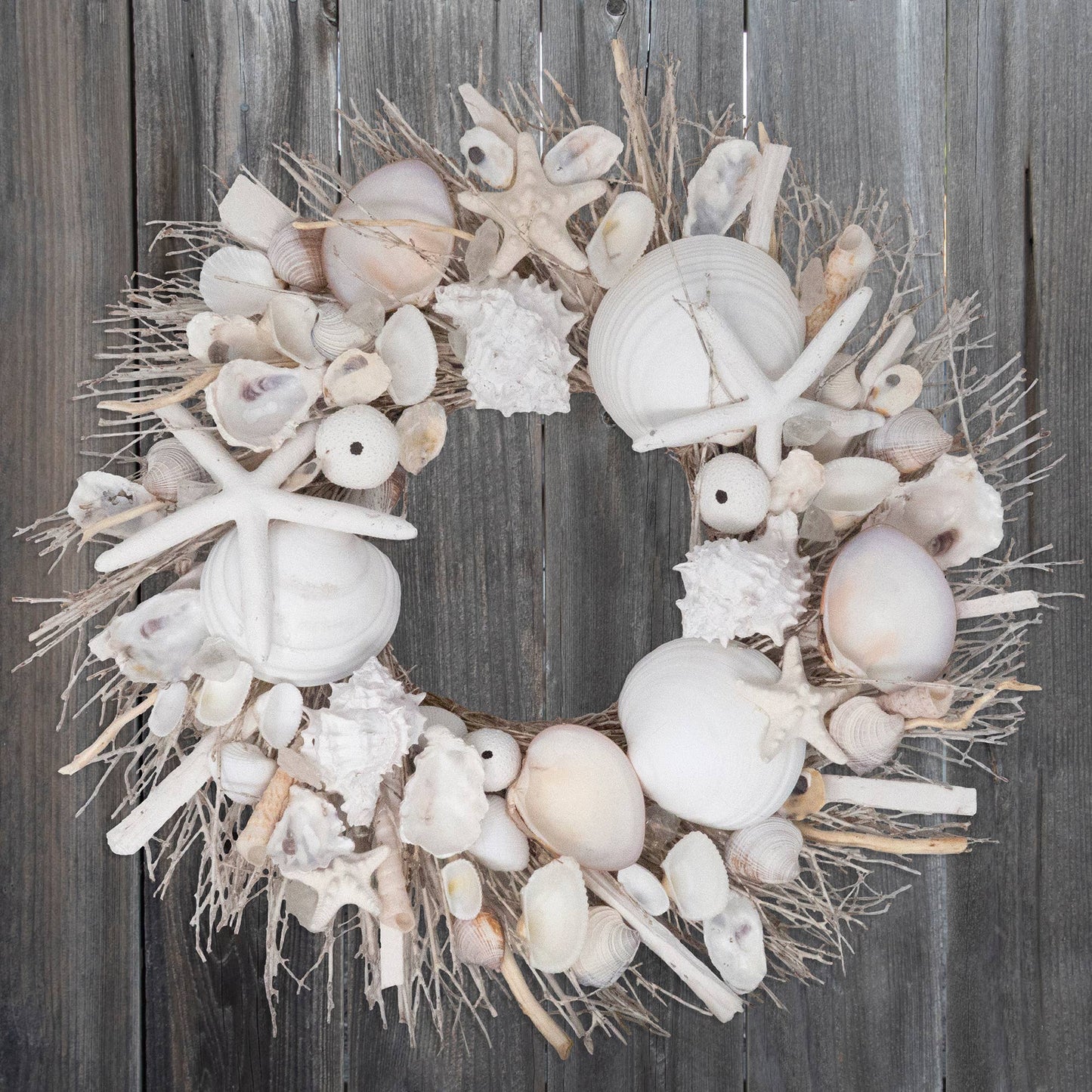 White Starfish & Sea Urchin Coastal Seashell Wreath