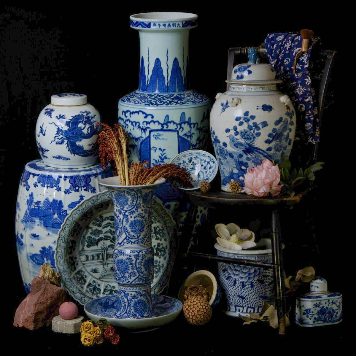 Bird and Flower Blue and White Porcelain Temple Jar