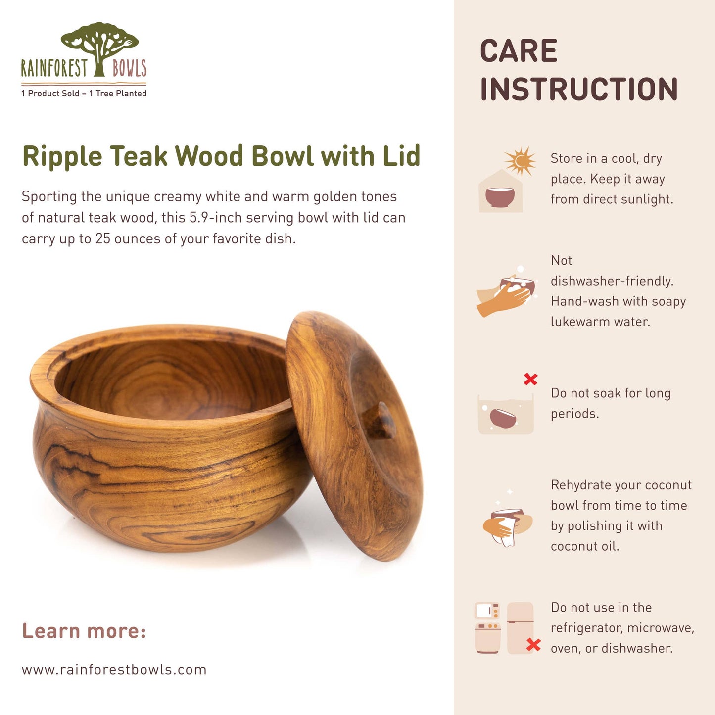 Ripple Teak Wood Bowl with Lid