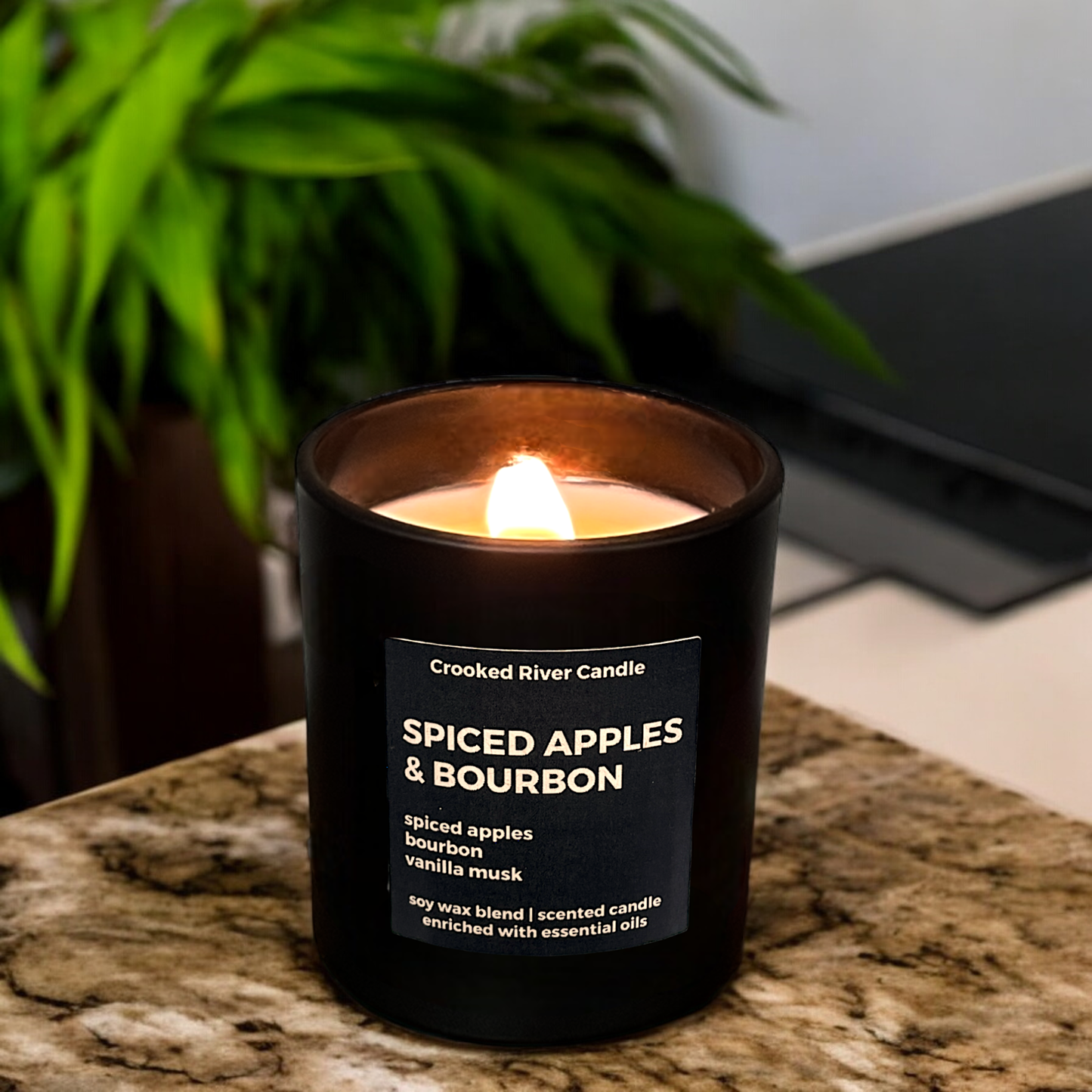 Spiced Apples & Bourbon Candle- Matte Black Jar- Bamboo Lid