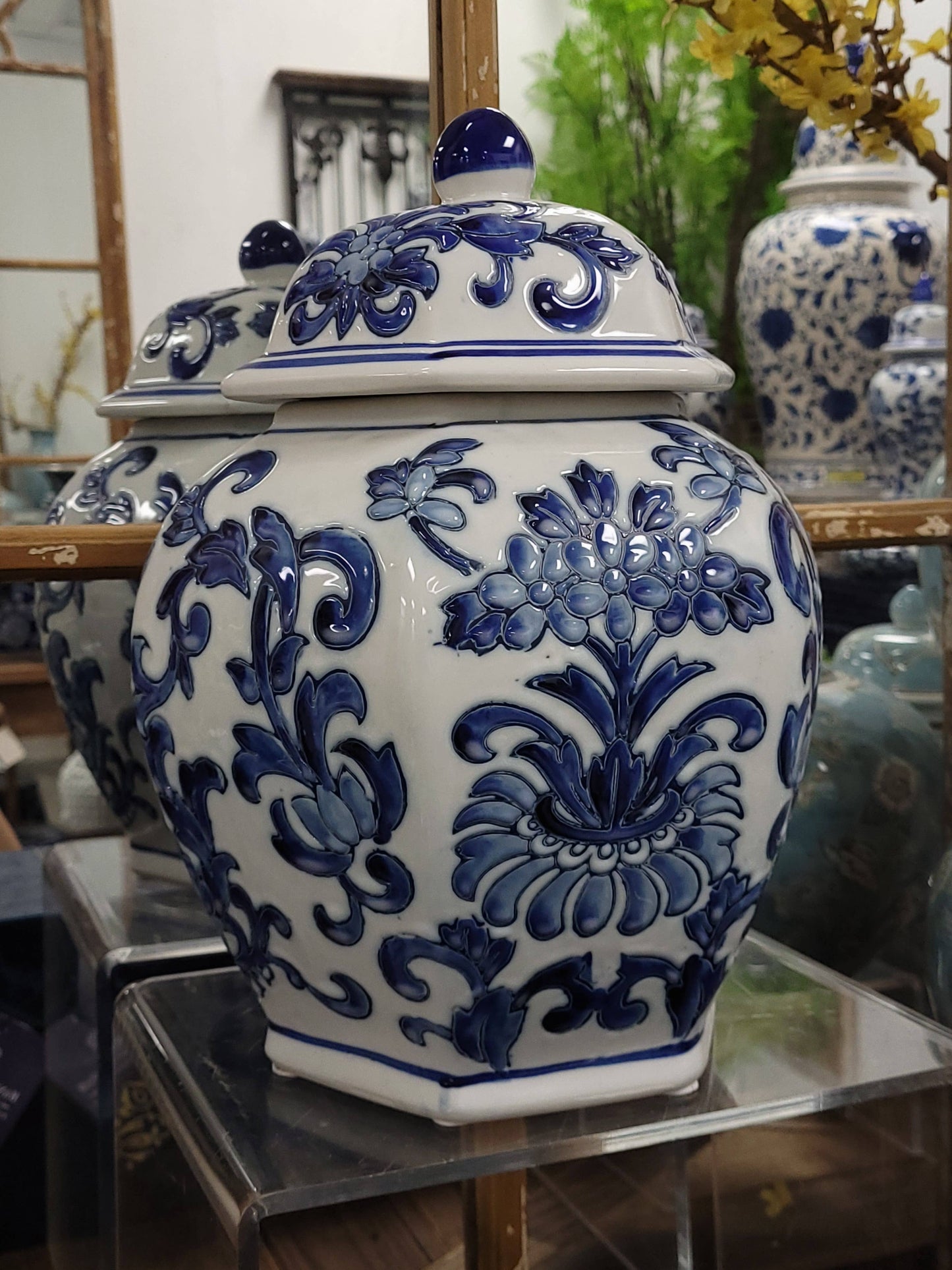 Blue & White Chinoiserie Ceramic Jar 12"