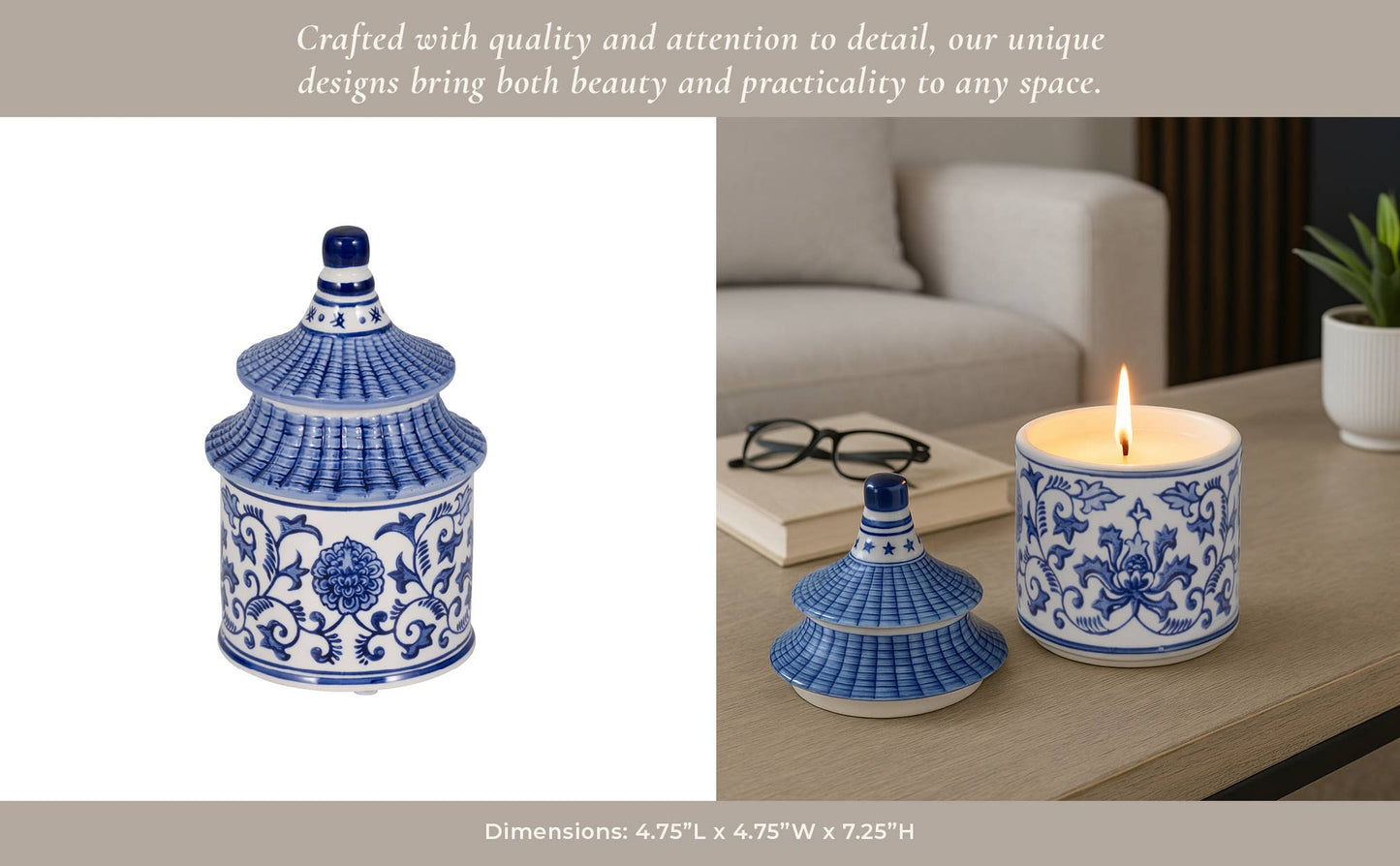 Candle - Blue Ceramic Plumeria Chinoiserie Pagoda, 9 Oz