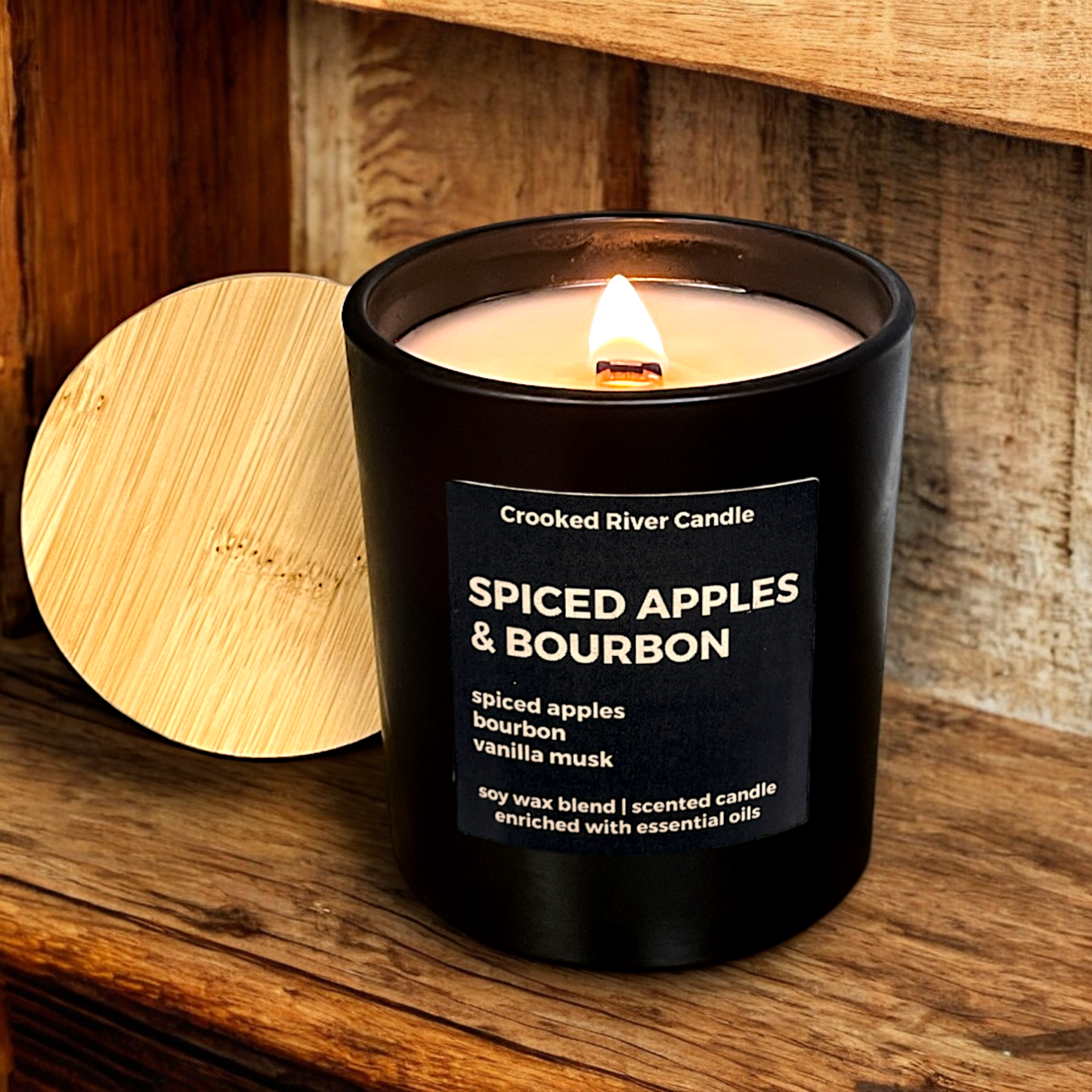 Spiced Apples & Bourbon Candle- Matte Black Jar- Bamboo Lid