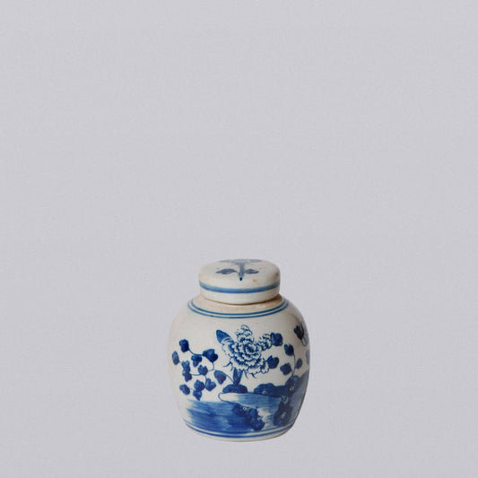 Blue and White Porcelain Mini Peony Floral Round Jar