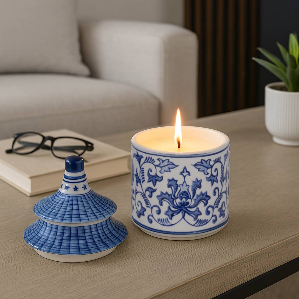 Candle - Blue Ceramic Plumeria Chinoiserie Pagoda, 9 Oz