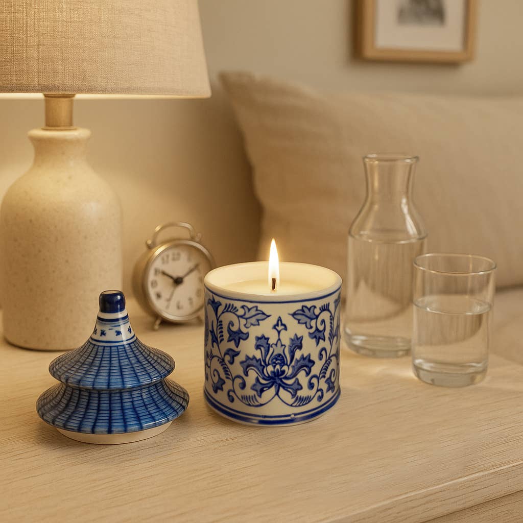 Candle - Blue Ceramic Plumeria Chinoiserie Pagoda, 9 Oz