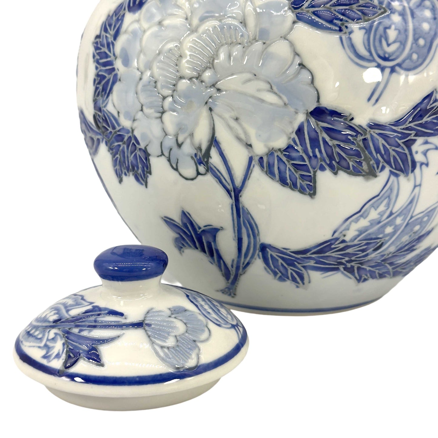 Blue & White Floral Ceramic Chinoiserie Ginger Jar 8"