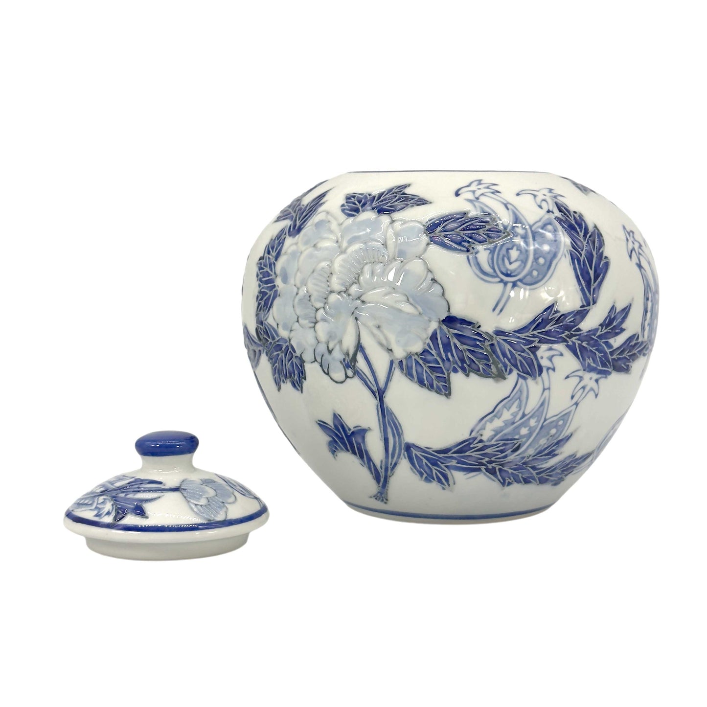 Blue & White Floral Ceramic Chinoiserie Ginger Jar 8"
