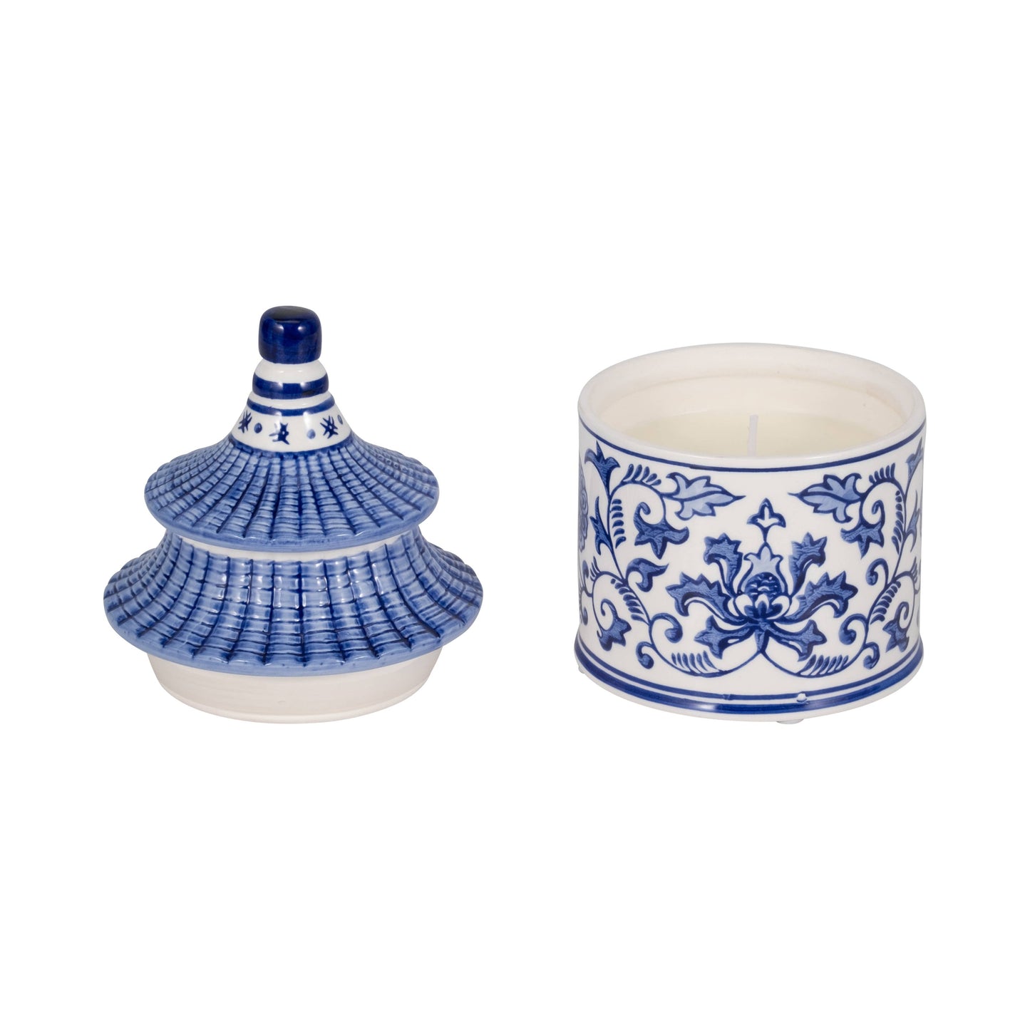 Candle - Blue Ceramic Plumeria Chinoiserie Pagoda, 9 Oz