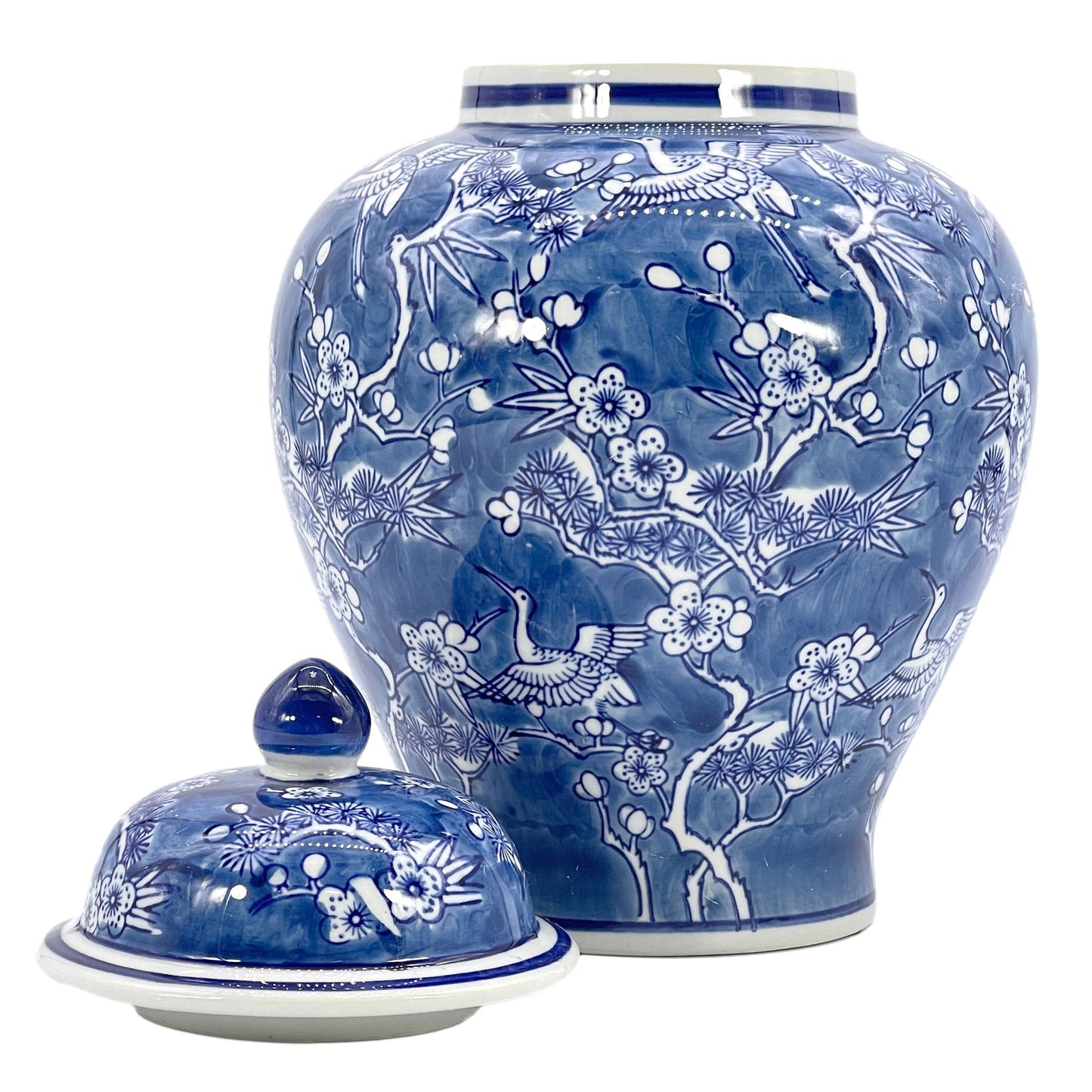 Blue & White Floral Crane Chinoiserie Ceramic Ginger Jar 12"
