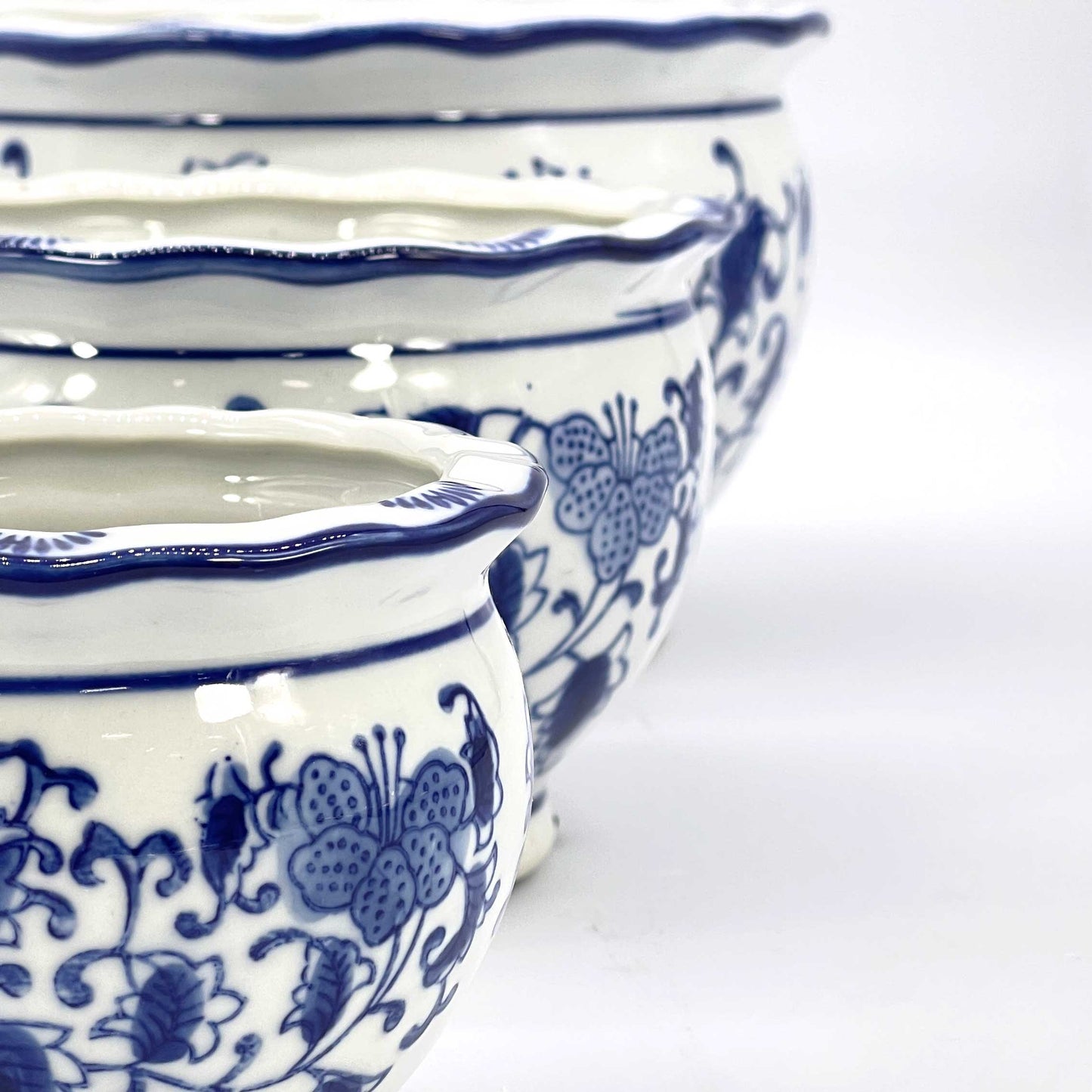 Set of 3 Blue & White Round Floral Ceramic Pots Ruffled Lip