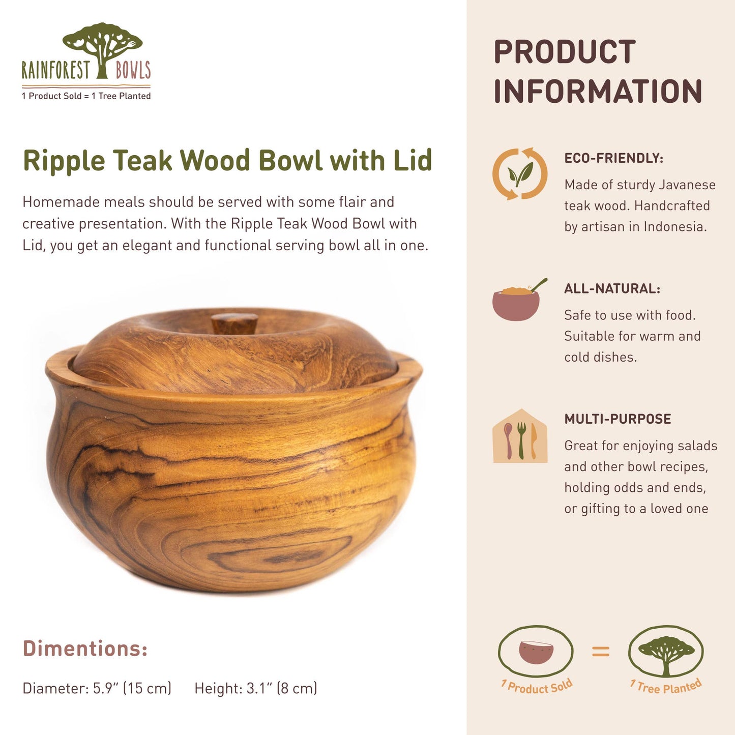 Ripple Teak Wood Bowl with Lid