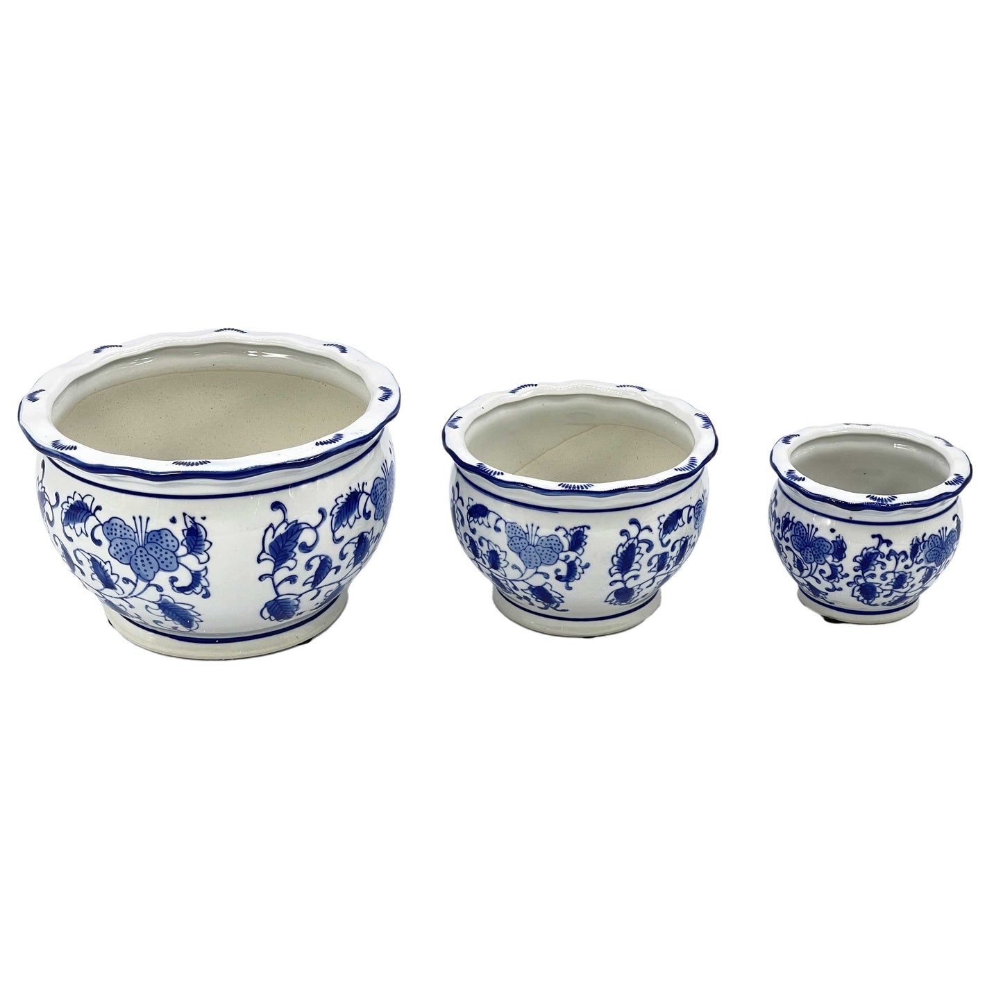 Set of 3 Blue & White Round Floral Ceramic Pots Ruffled Lip