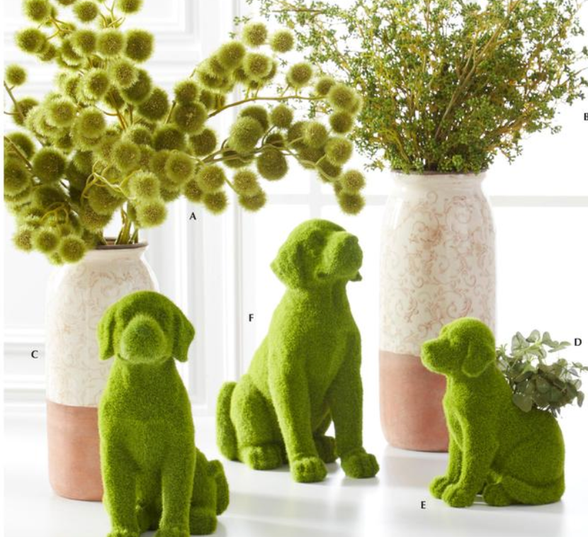 Set of 2 Green Flocked Mossy Dogs Topiaries