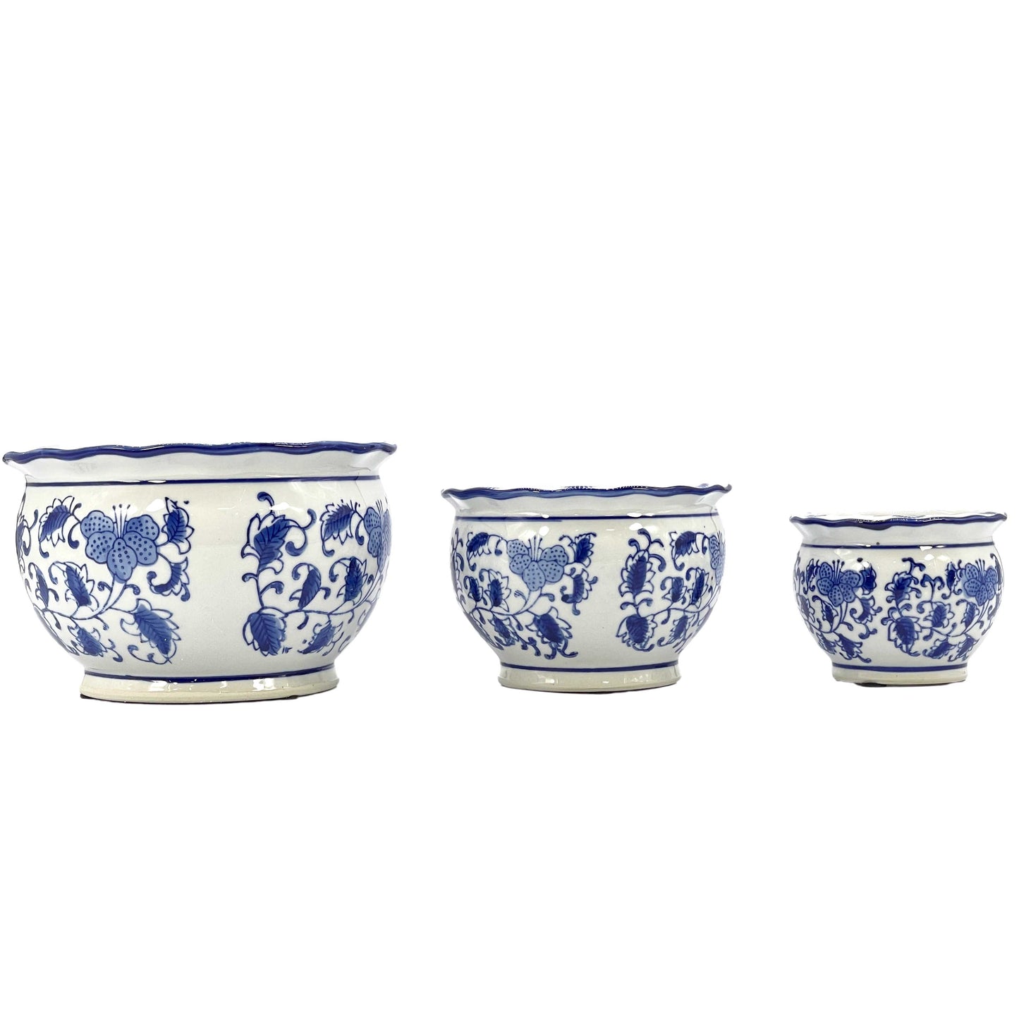 Set of 3 Blue & White Round Floral Ceramic Pots Ruffled Lip