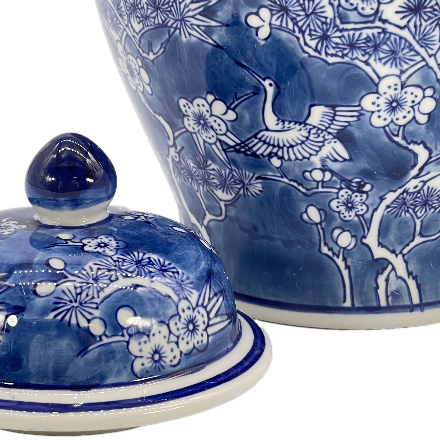 Blue & White Floral Crane Chinoiserie Ceramic Ginger Jar 12"