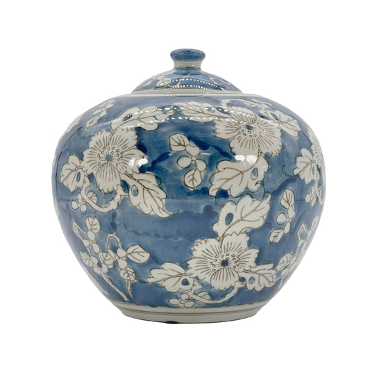 Blue & White Chinoiserie Ceramic Jar 8"