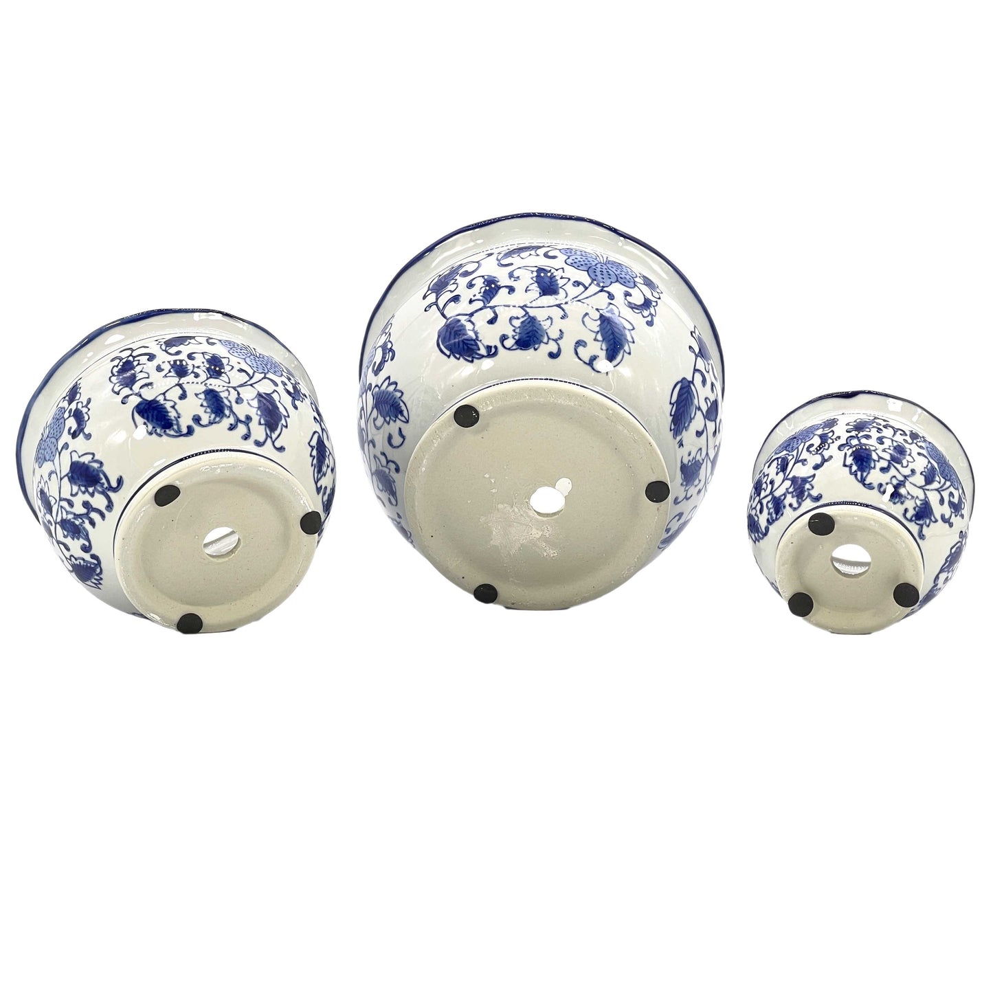 Set of 3 Blue & White Round Floral Ceramic Pots Ruffled Lip