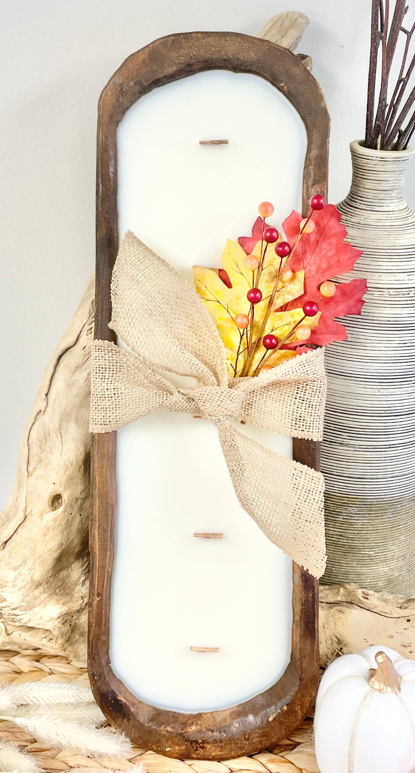 Scented Soy Candle | Large Brown Wood Dough Bowl | 5 Wicks