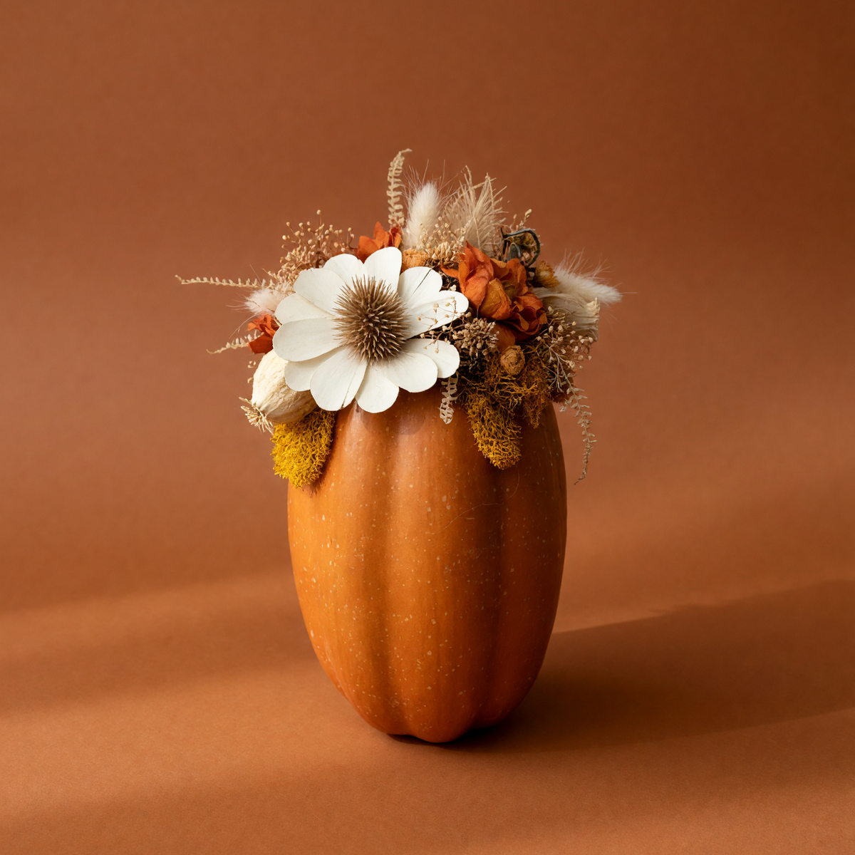 Harvest Pumpkin Floral Arrangement | Orange Pumpkin with Dried Flowers