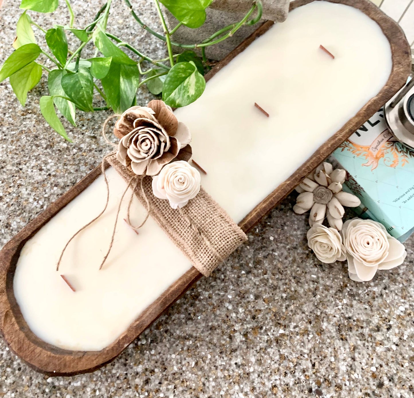 Scented Soy Candle | Large Brown Wood Dough Bowl | 5 Wicks