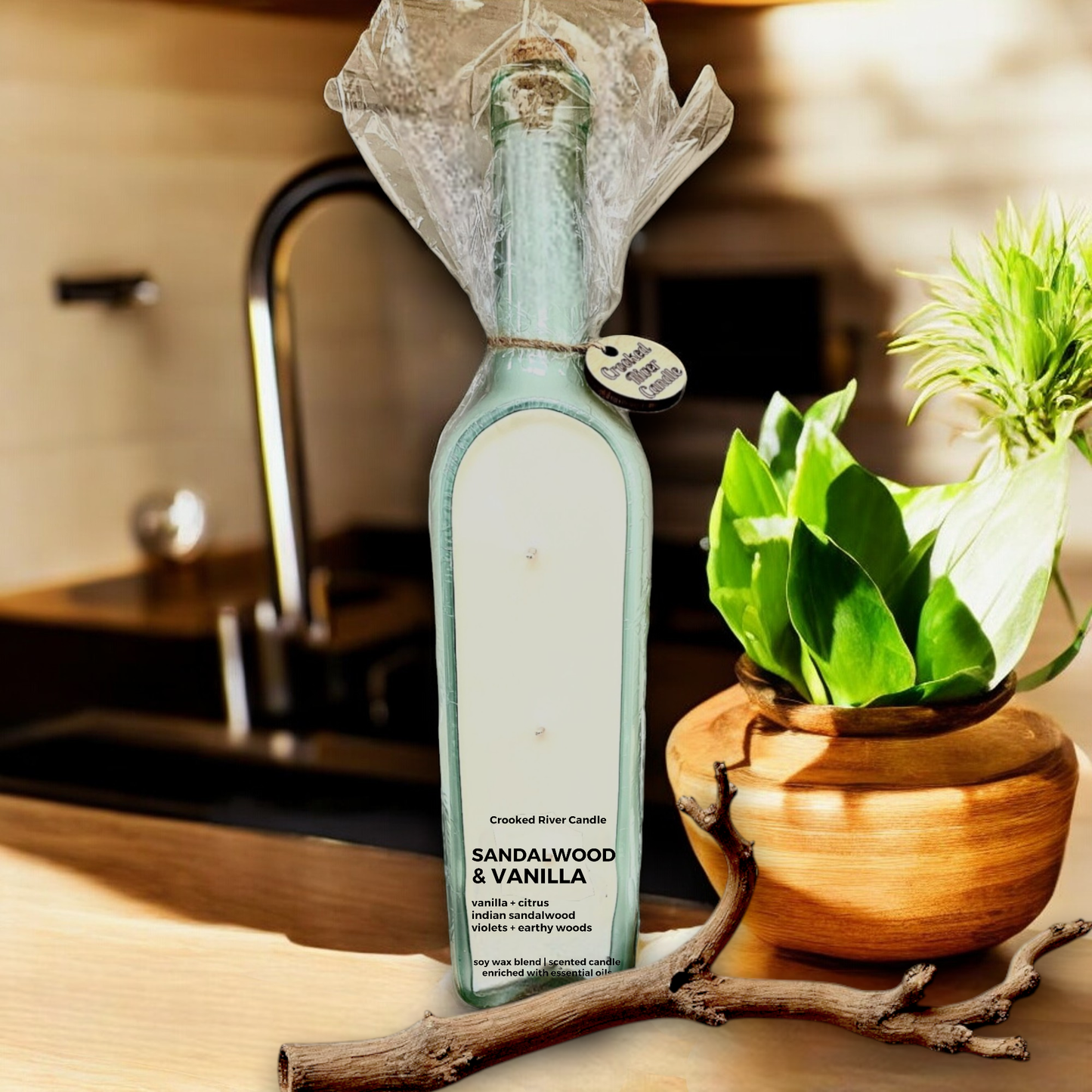 Sandalwood & Vanilla | Wine Bottle Candle | 3 Cotton Wicks