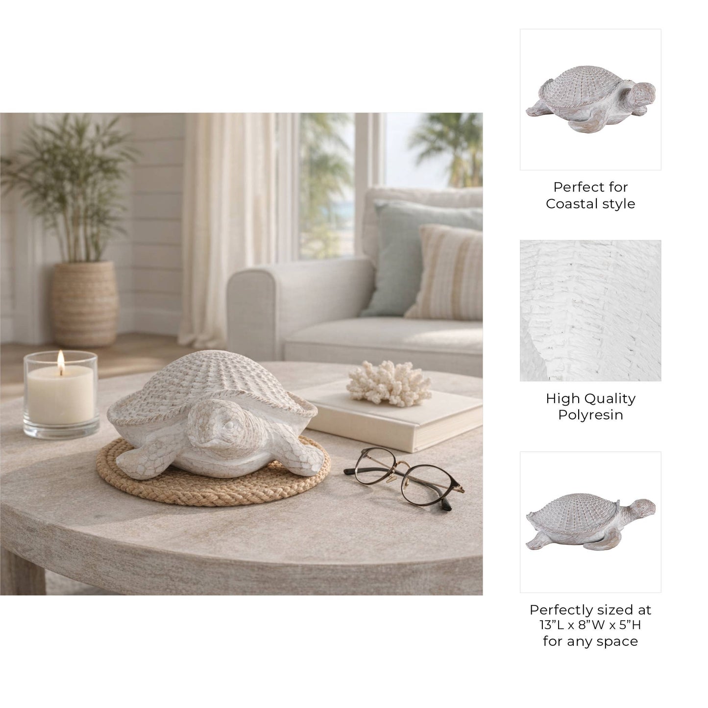 Decorative Figurine - White Resin Coastal Sea Turtle, 5 in.
