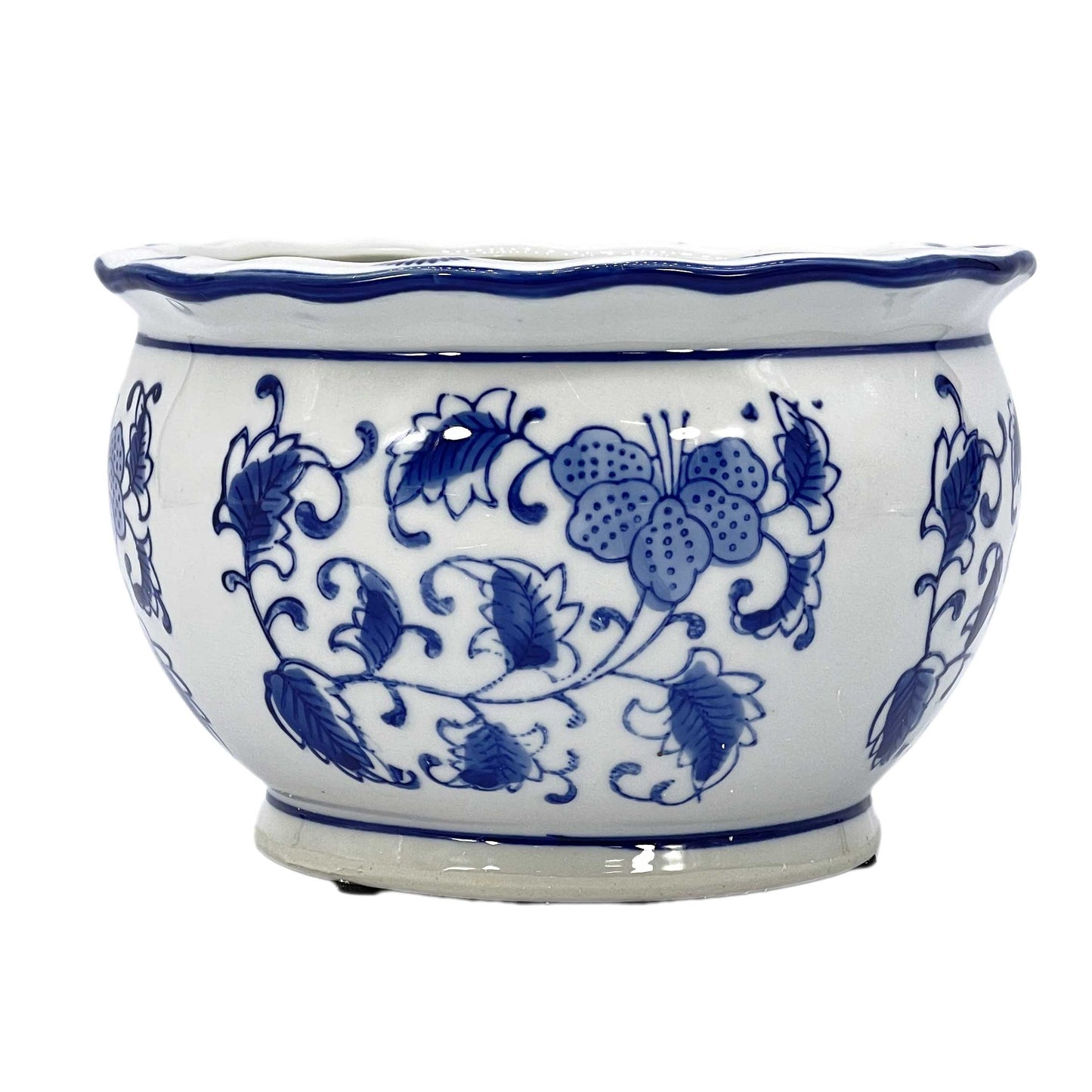 Set of 3 Blue & White Round Floral Ceramic Pots Ruffled Lip