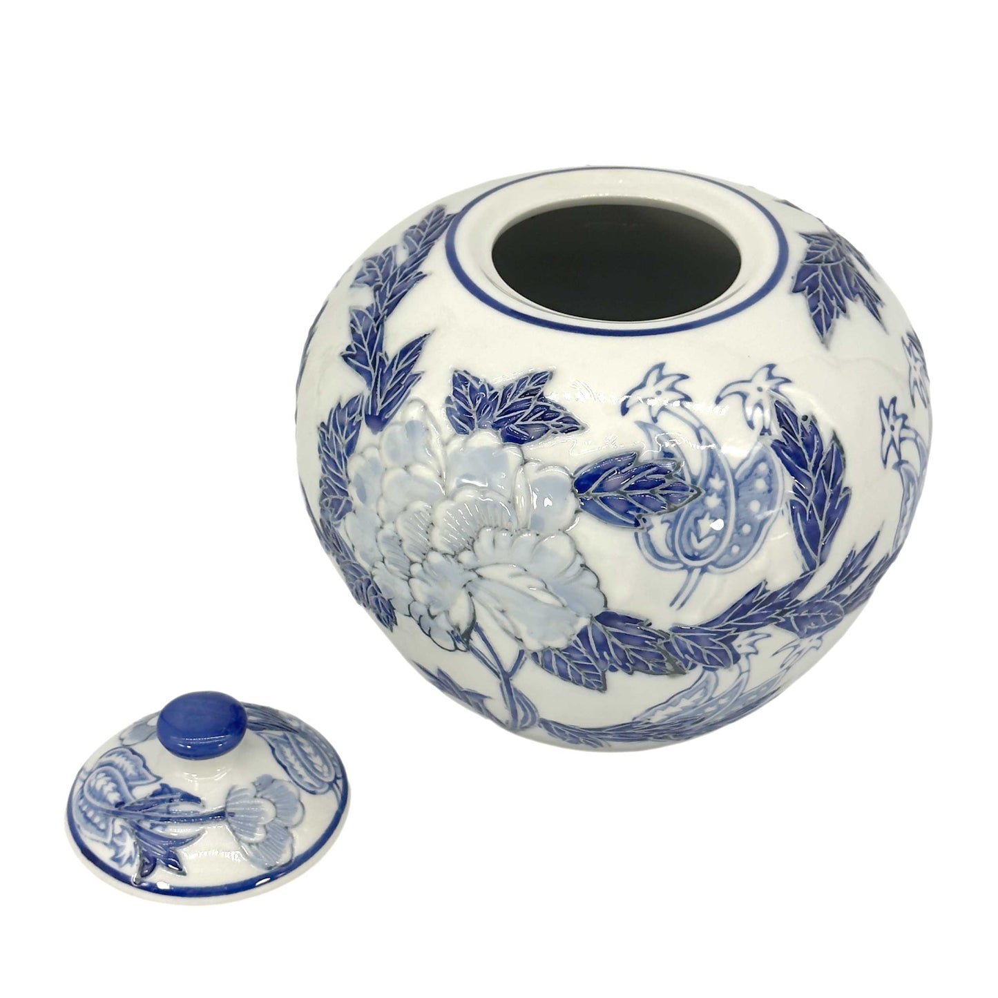 Blue & White Floral Ceramic Chinoiserie Ginger Jar 8"