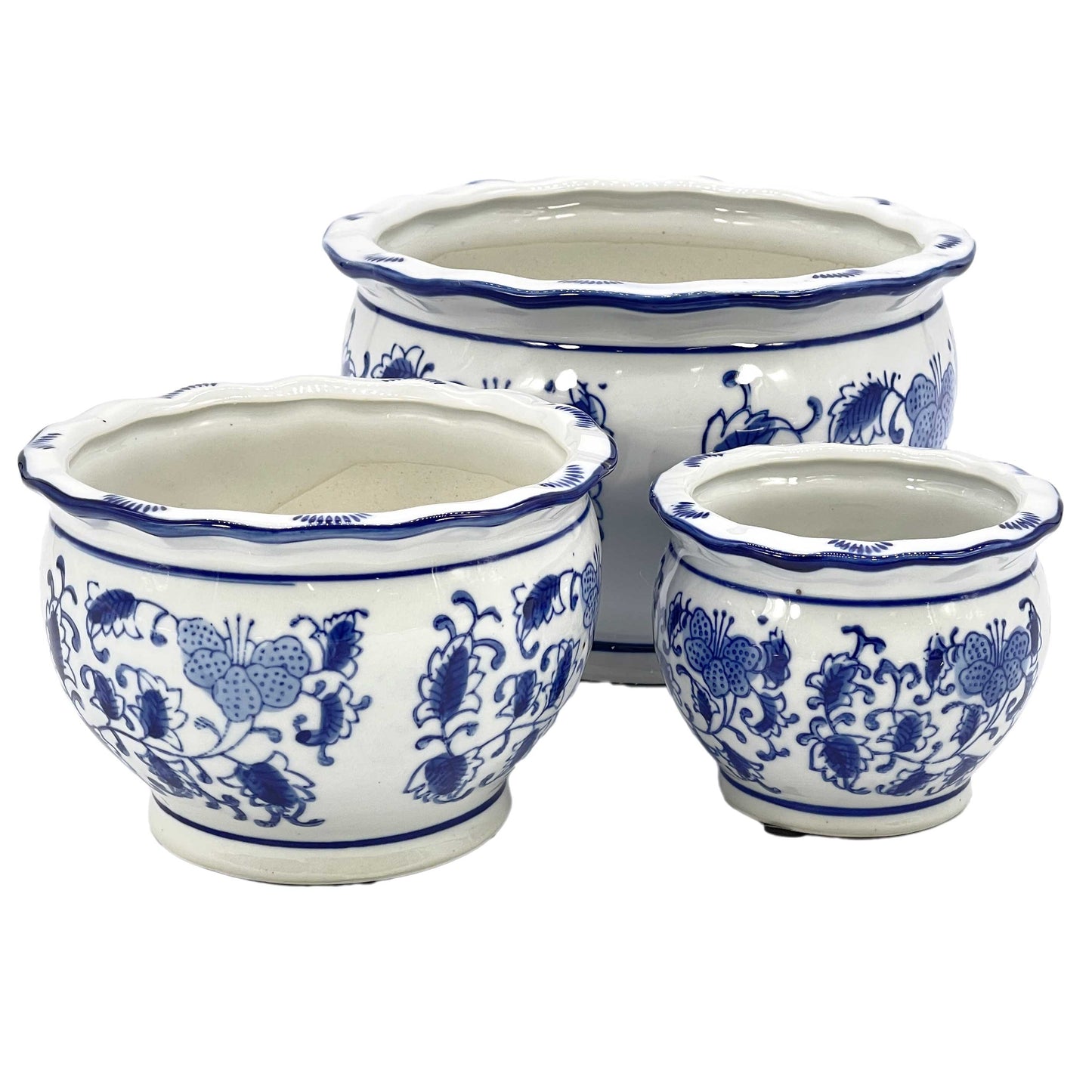 Set of 3 Blue & White Round Floral Ceramic Pots Ruffled Lip