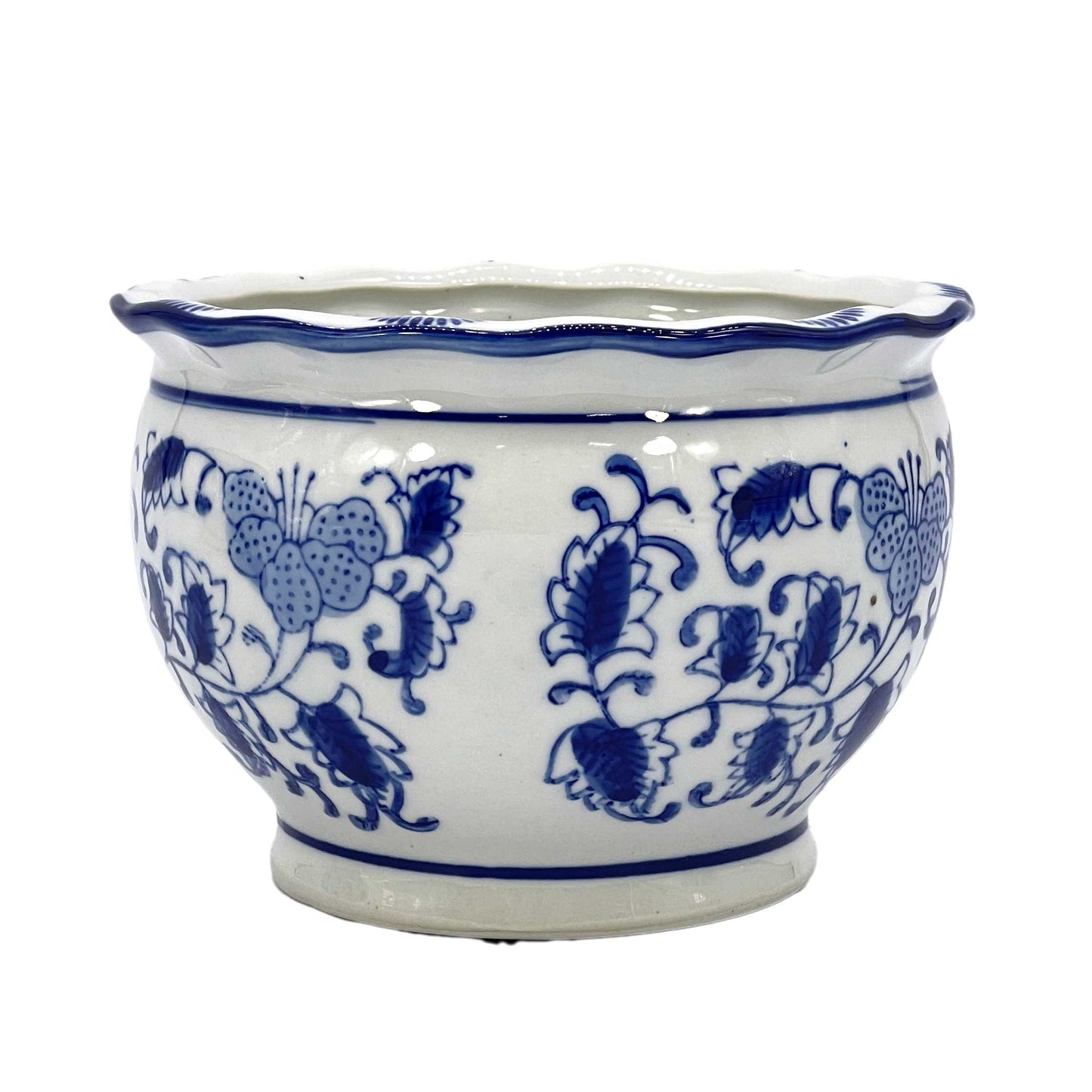 Set of 3 Blue & White Round Floral Ceramic Pots Ruffled Lip
