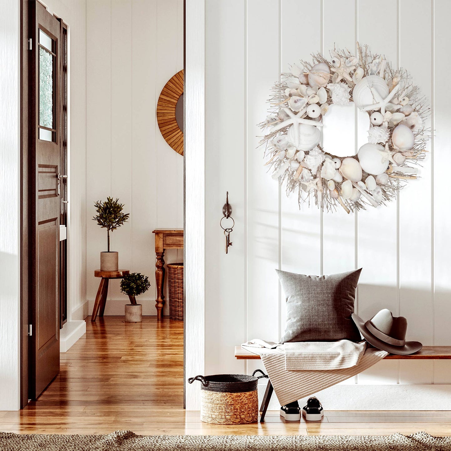 White Starfish & Sea Urchin Coastal Seashell Wreath