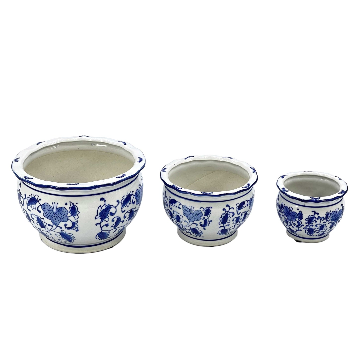 Set of 3 Blue & White Round Floral Ceramic Pots Ruffled Lip