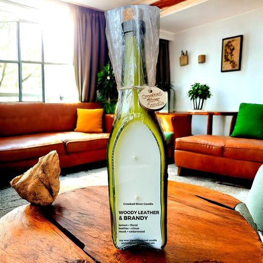 Woody Leather & Brandy -18oz Wine Bottle Candle-Cotton Wicks