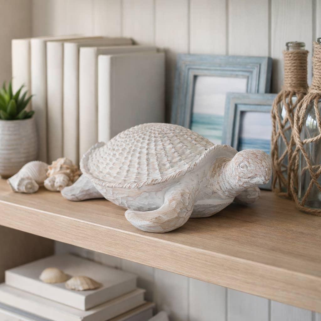Decorative Figurine - White Resin Coastal Sea Turtle, 5 in.