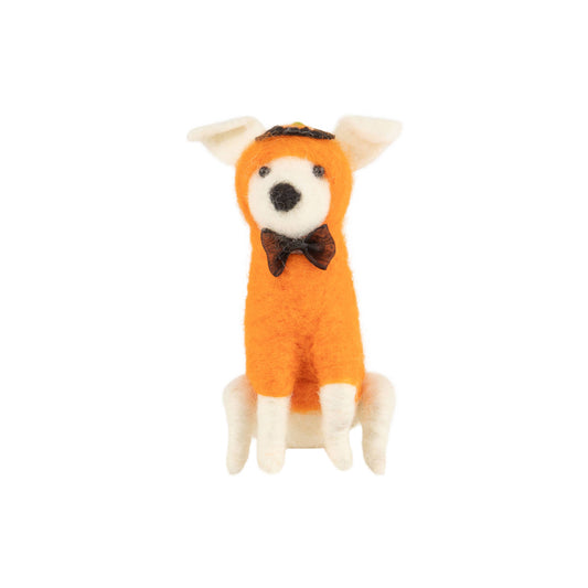 White felt dog in pumpkin costume table piece,4in