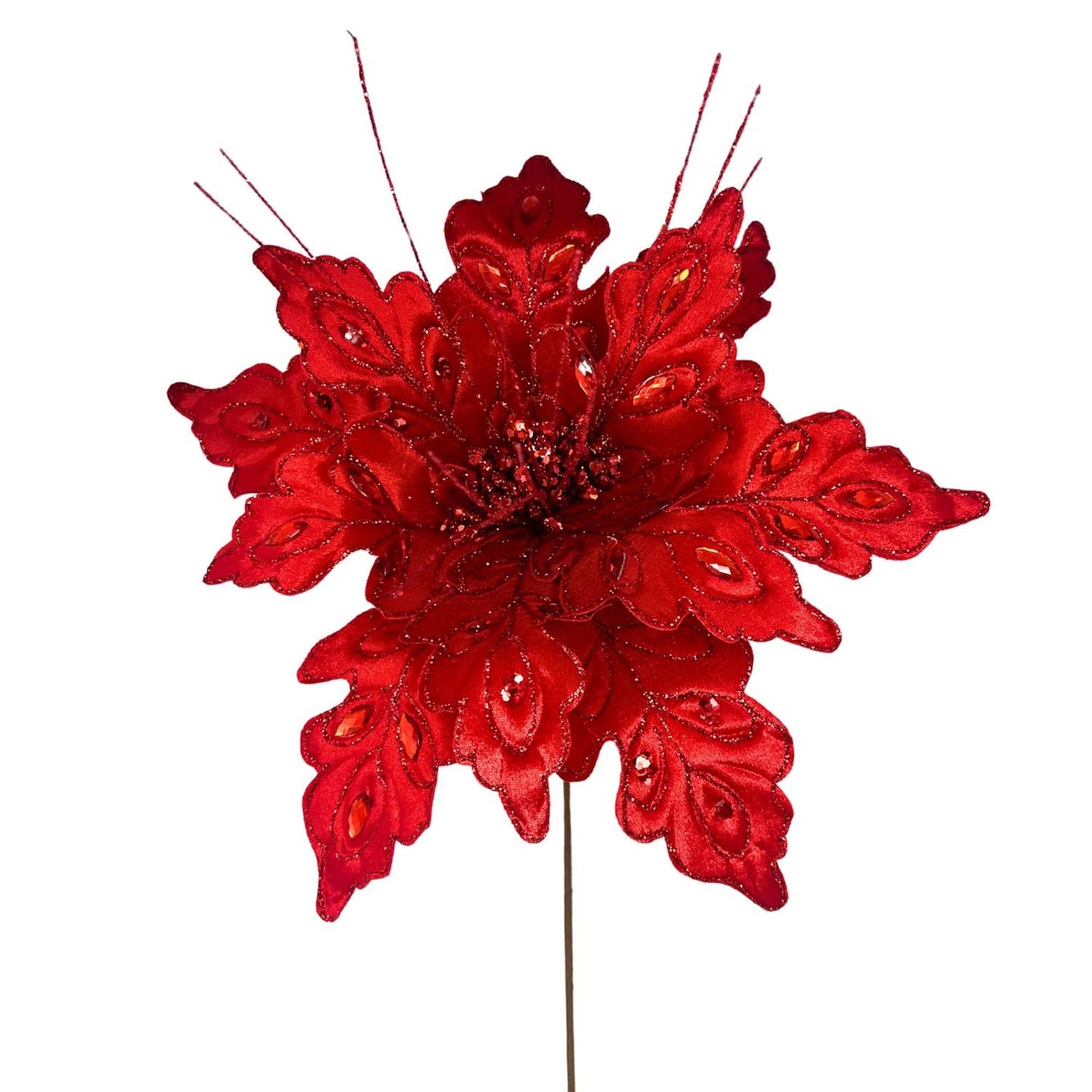 Glitz Gem Velvet Poinsettia Stem - Red 27”