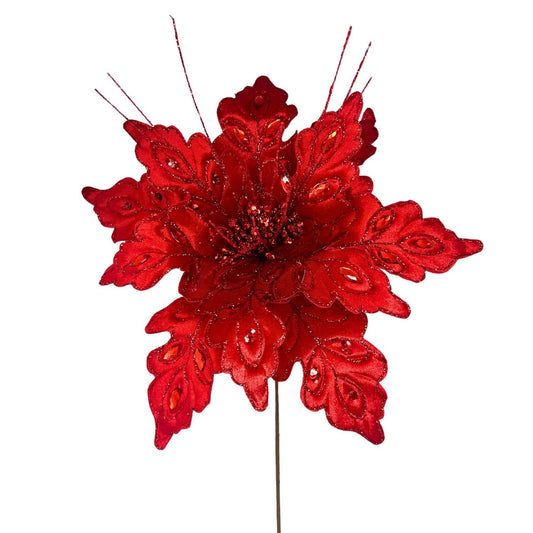 Glitz Gem Velvet Poinsettia Stem - Red 27”