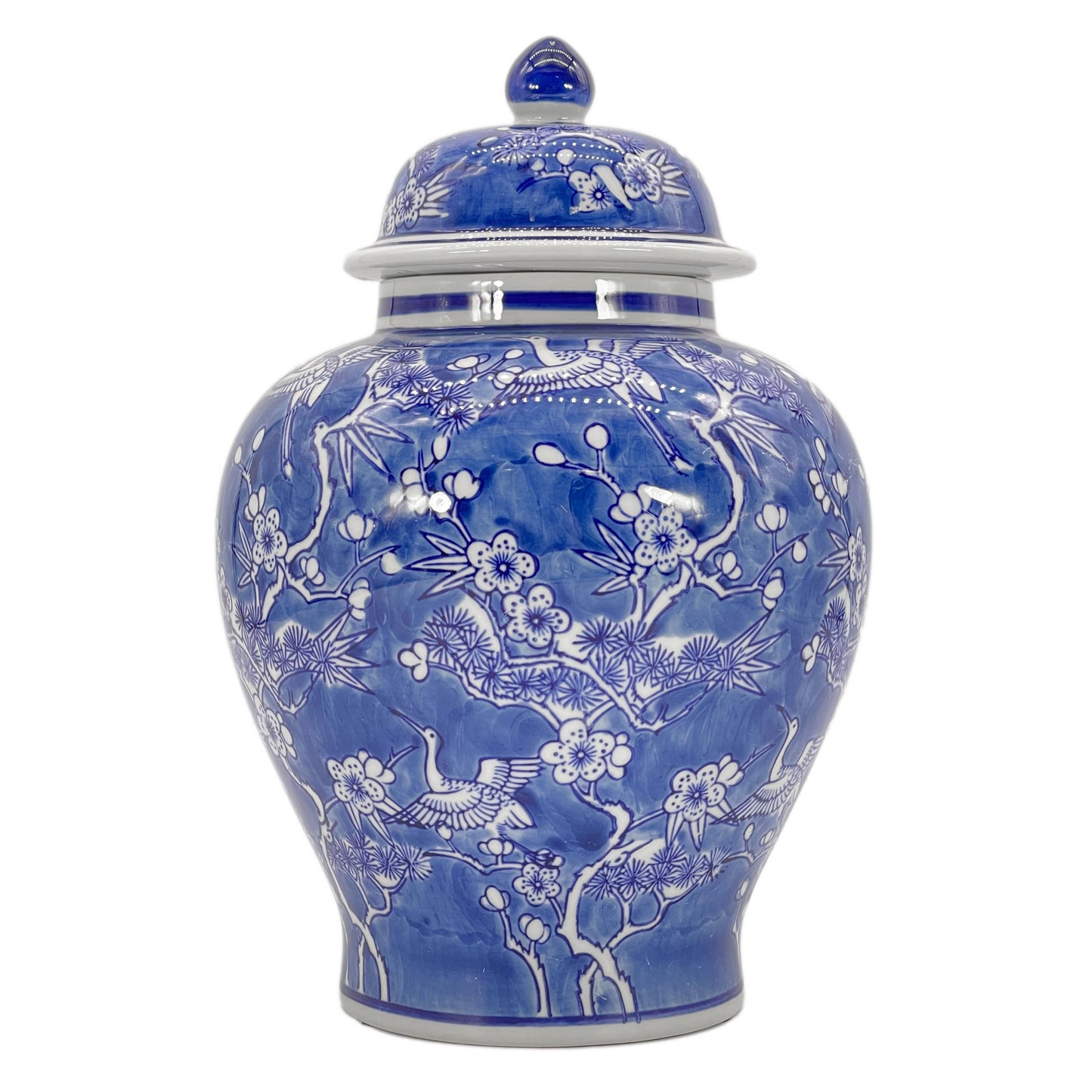 Blue & White Floral Crane Chinoiserie Ceramic Ginger Jar 12"