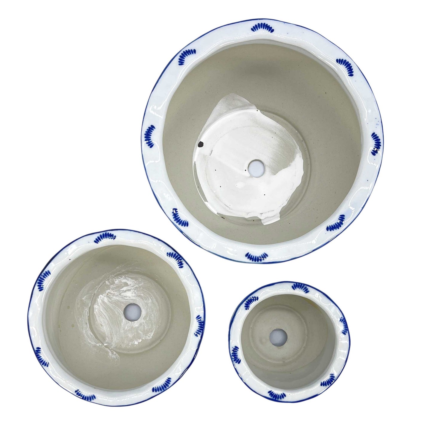 Set of 3 Blue & White Round Floral Ceramic Pots Ruffled Lip