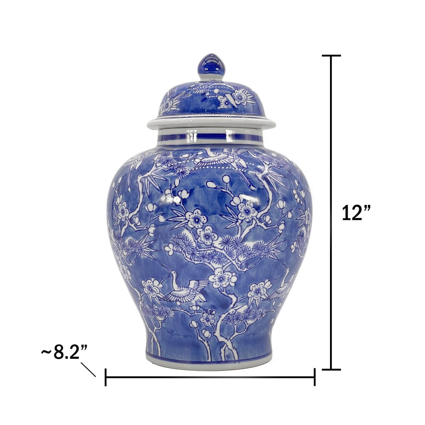 Blue & White Floral Crane Chinoiserie Ceramic Ginger Jar 12"