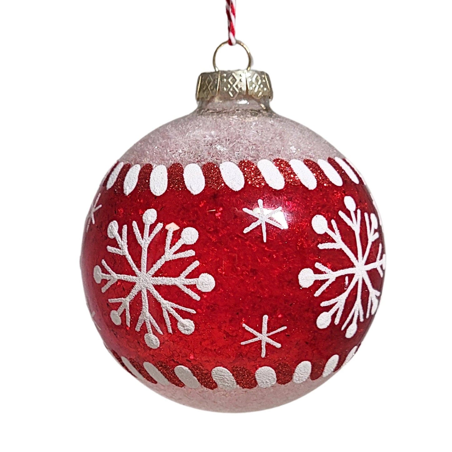 Red/White Snowflake Glass Ball Ornament 4"