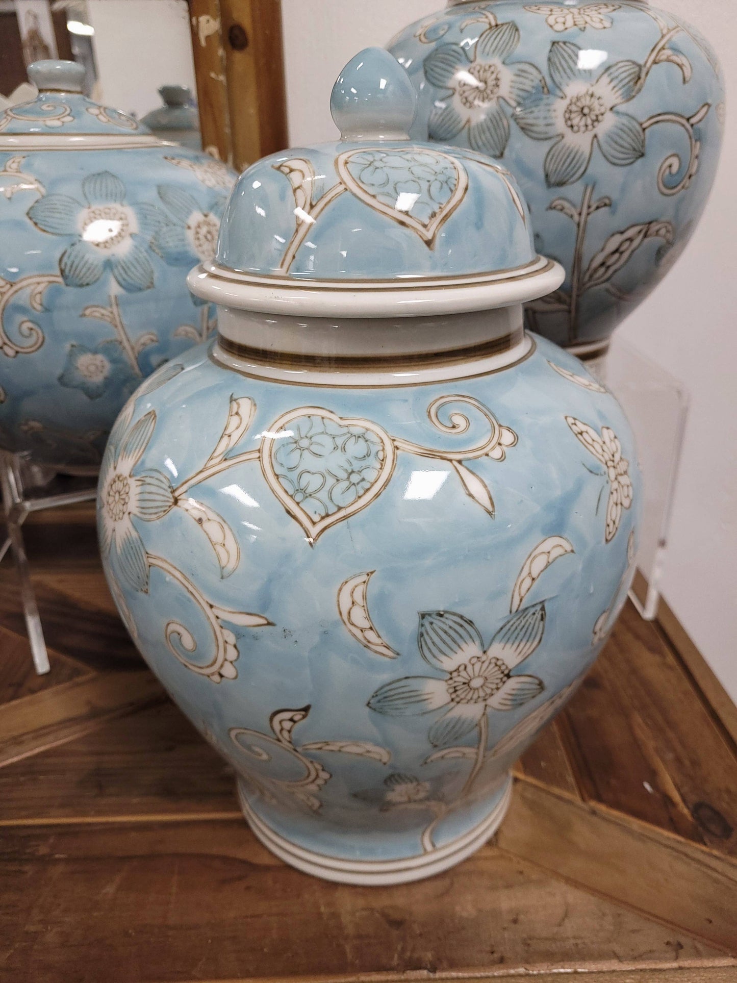 Light Blue & White Ceramic Chinoiserie Ginger Jar 12"