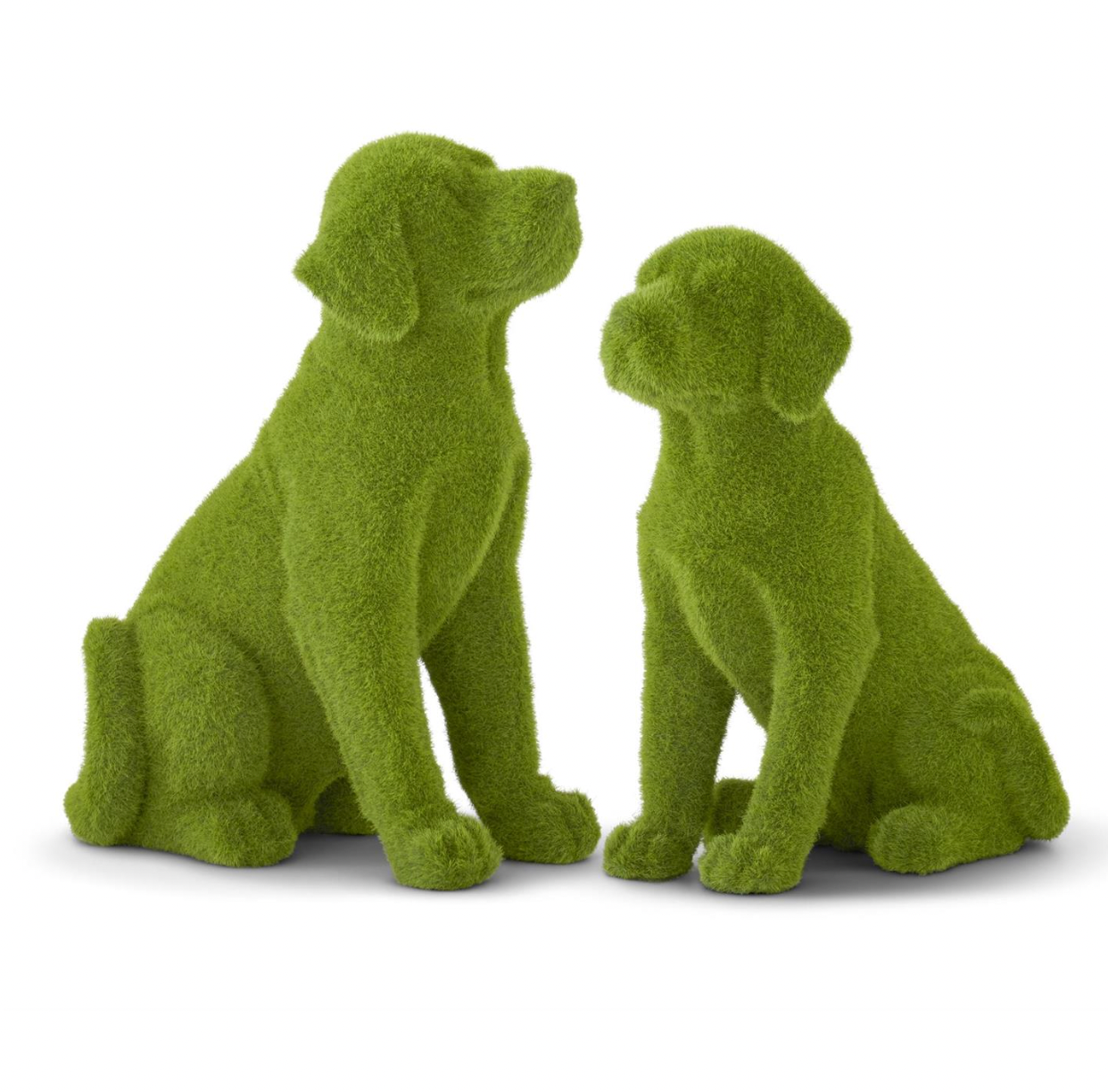 Set of 2 Green Flocked Mossy Dogs Topiaries