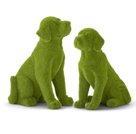 Set of 2 Green Flocked Mossy Dogs Topiaries