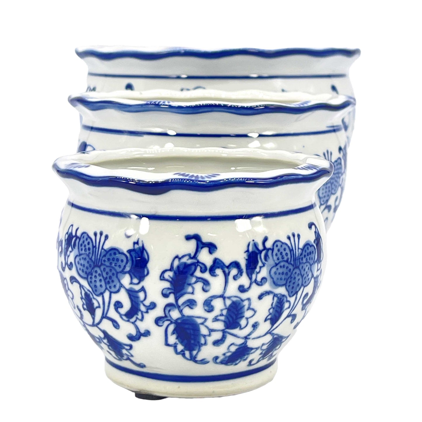 Set of 3 Blue & White Round Floral Ceramic Pots Ruffled Lip