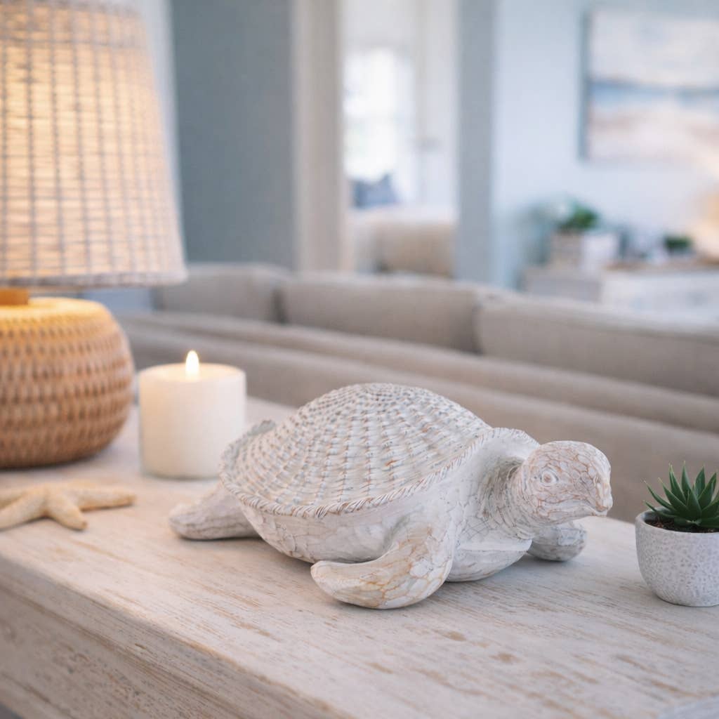 Decorative Figurine - White Resin Coastal Sea Turtle, 5 in.