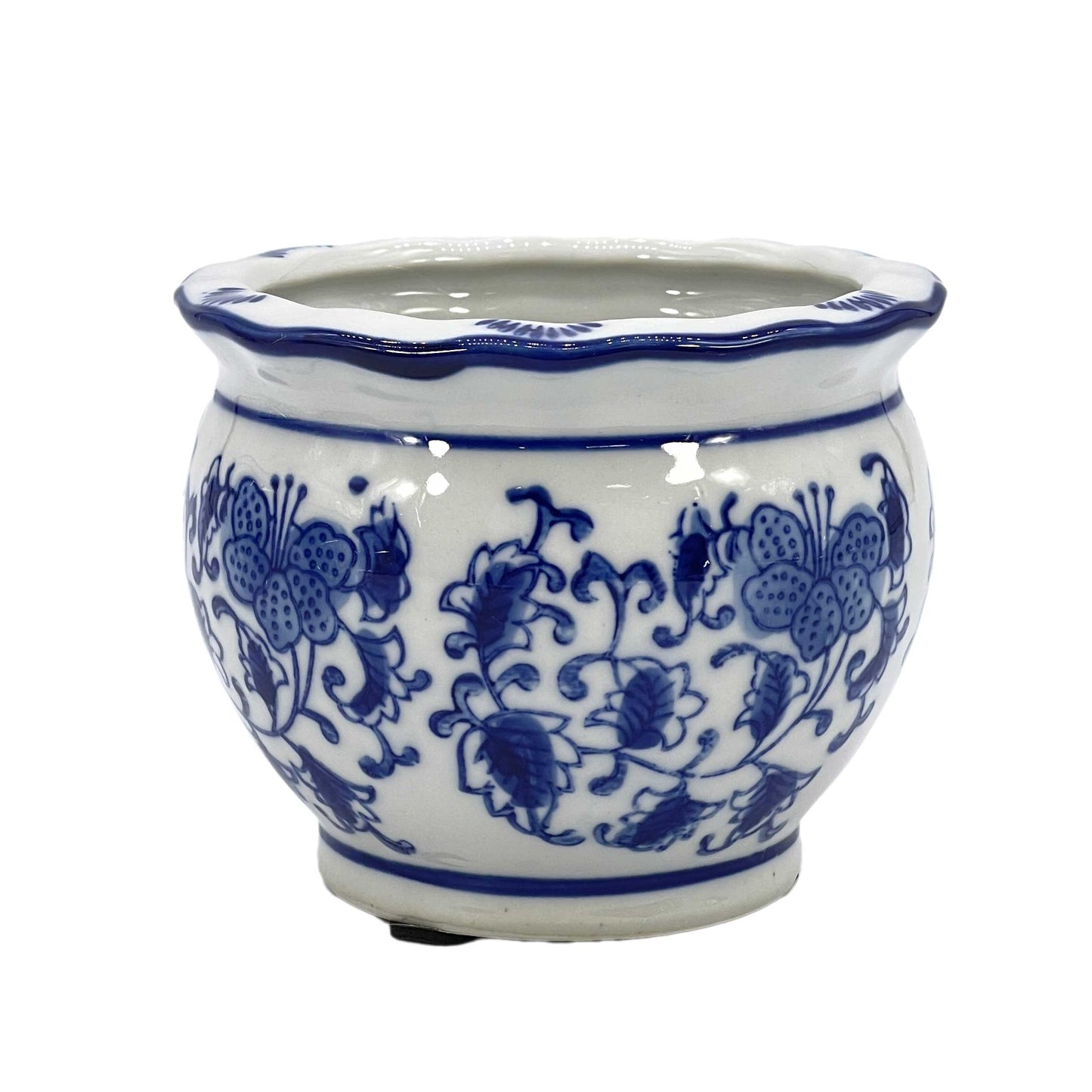 Set of 3 Blue & White Round Floral Ceramic Pots Ruffled Lip