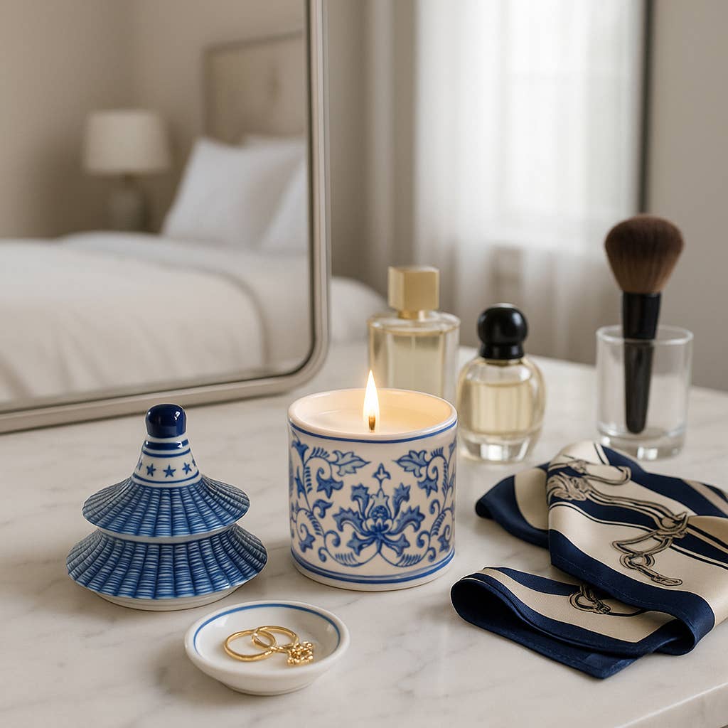 Candle - Blue Ceramic Plumeria Chinoiserie Pagoda, 9 Oz
