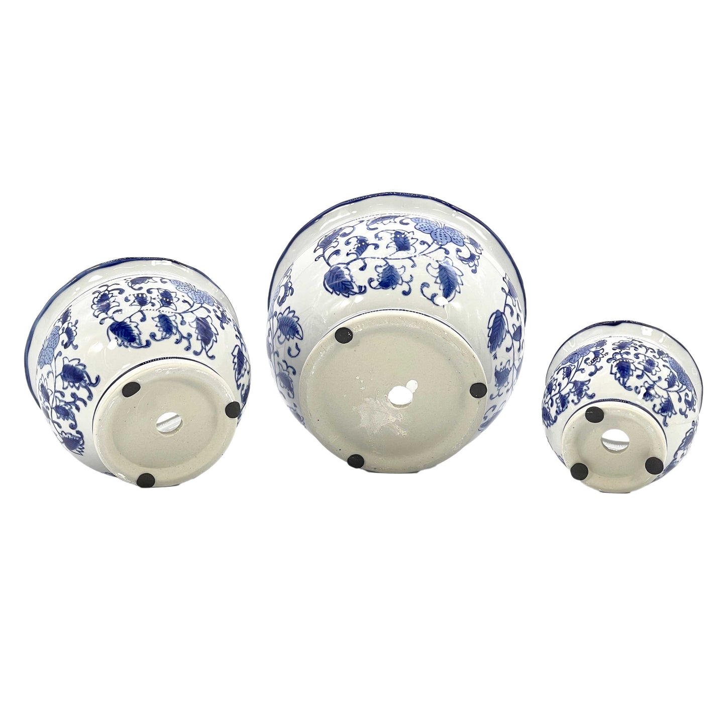 Set of 3 Blue & White Round Floral Ceramic Pots Ruffled Lip